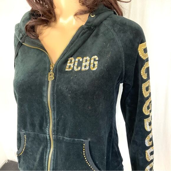 BCBGMaxAzria Y2K Vintage Black Gold Studs Velour Zip Tracksuit Jacket Pants S - Picture 6 of 13